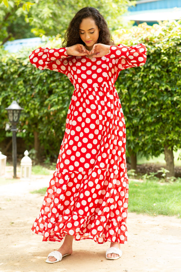 Playful Red Polka Maternity & Nursing Dress MOMZJOY.COM