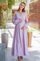 Luxury Mauve Cuffed Sleeve Cold Shoulder Maternity Gown momzjoy.com