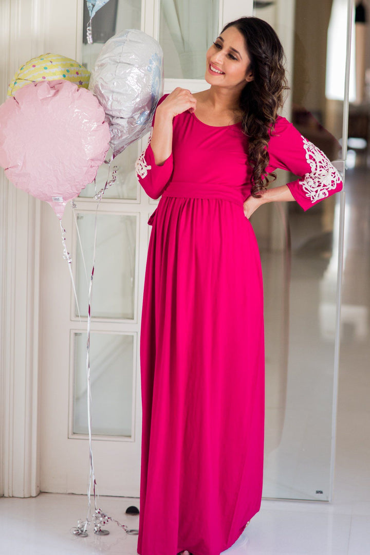Deep Pink Lycra Crochet Maternity Dress MOMZJOY.COM