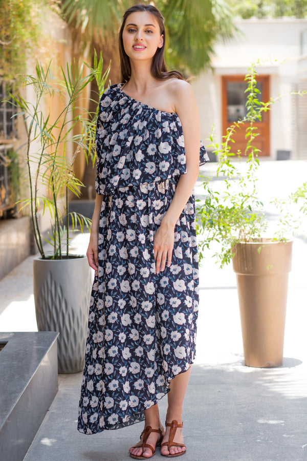 Ebony Floral Side Shoulder Hi Low Maternity Maxi Dress MOMZJOY.COM