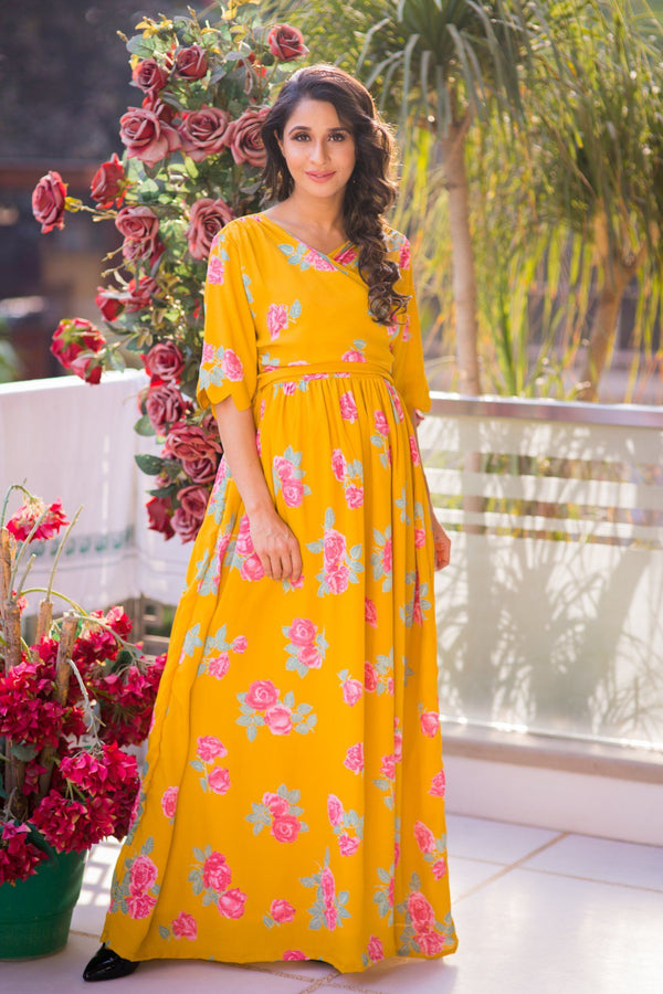 Fresh Blossom Mustard Maternity & Nursing Crepe Wrap Dress momzjoy.com