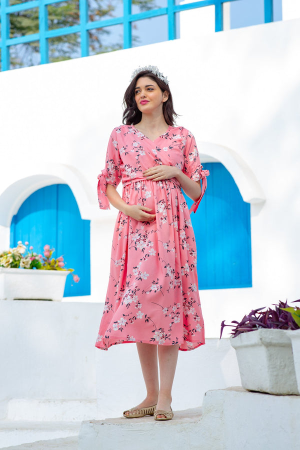 Soft Pink Blossom Maternity & Nursing Wrap Midi Dress momzjoy.com