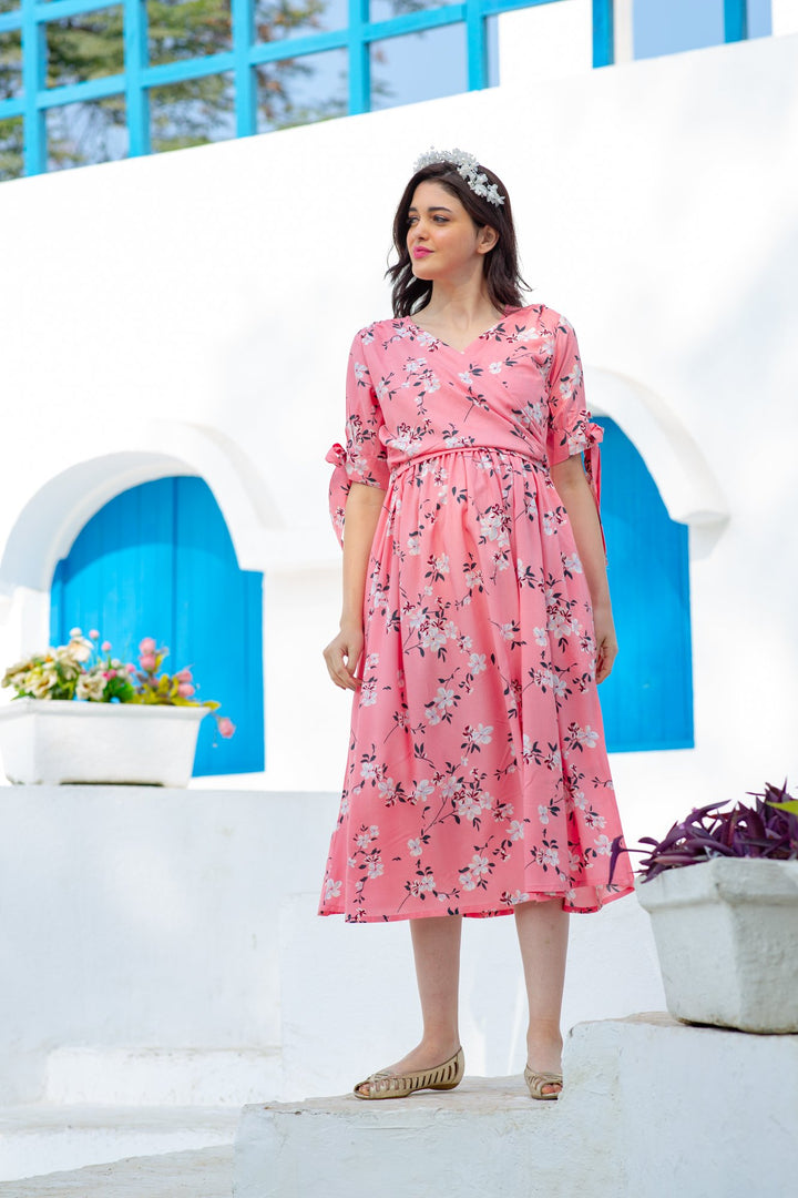 Soft Pink Blossom Maternity & Nursing Wrap Midi Dress momzjoy.com