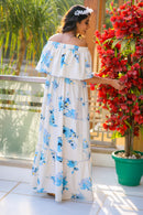 Serene White Baby Blue Floral Off-Shoulder Maternity Maxi Dress MOMZJOY.COM