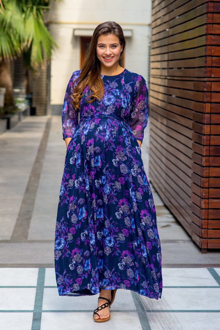 Luxe Chiffon Violet Floral Maternity & Nursing Dress momzjoy.com