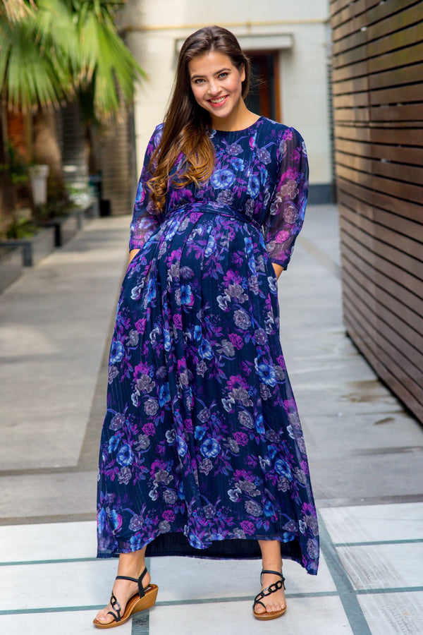 Luxe Chiffon Violet Floral Maternity & Nursing Dress momzjoy.com