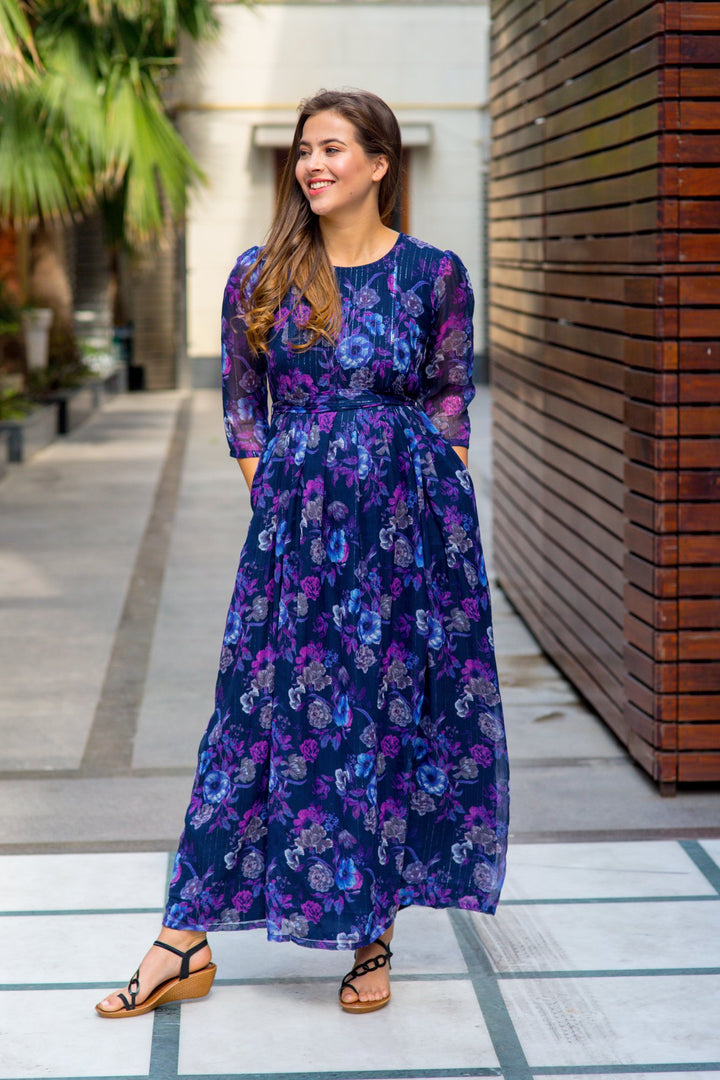 Luxe Chiffon Violet Floral Maternity & Nursing Dress momzjoy.com