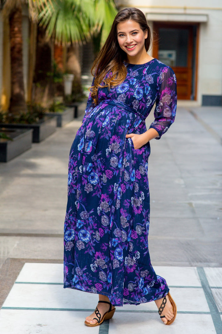 Luxe Chiffon Violet Floral Maternity & Nursing Dress momzjoy.com