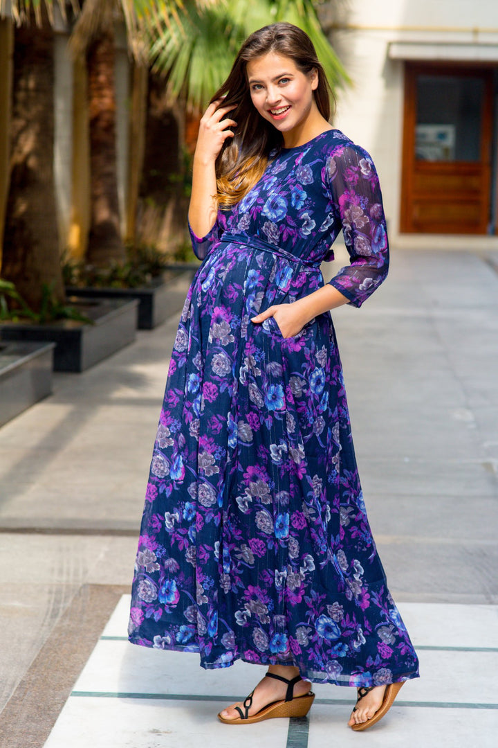 Luxe Chiffon Violet Floral Maternity & Nursing Dress momzjoy.com