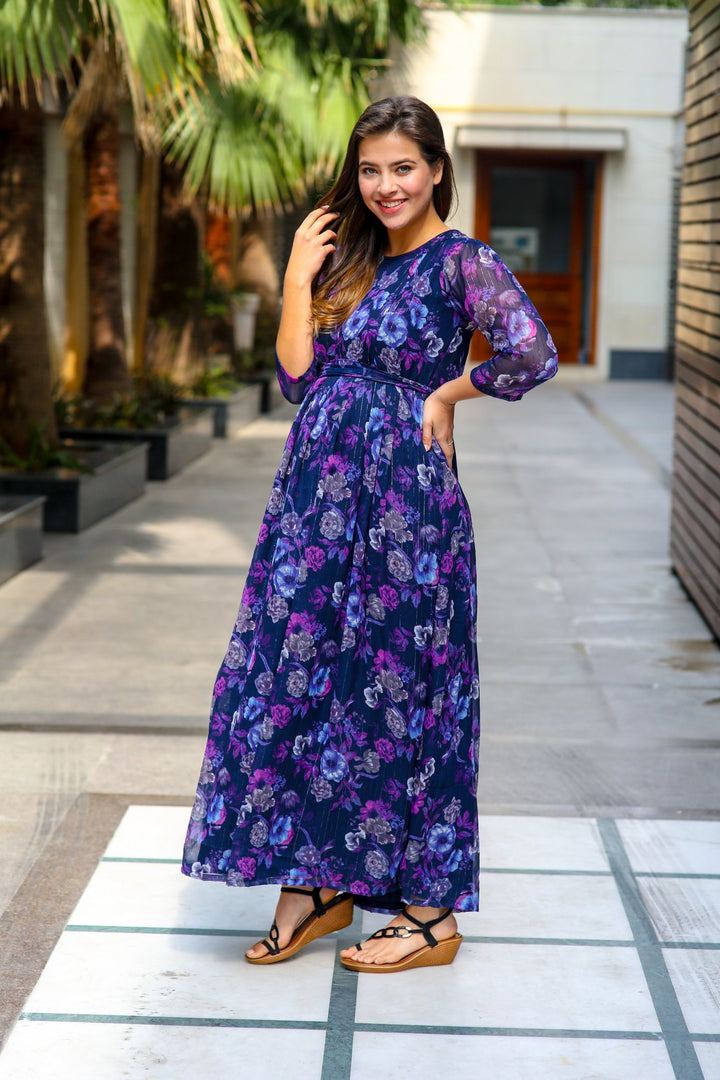 Luxe Chiffon Violet Floral Maternity & Nursing Dress momzjoy.com