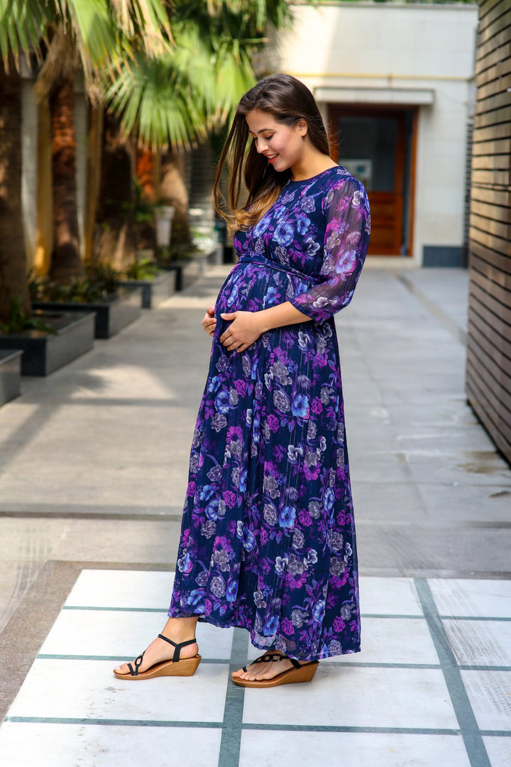 Luxe Chiffon Violet Floral Maternity & Nursing Dress momzjoy.com