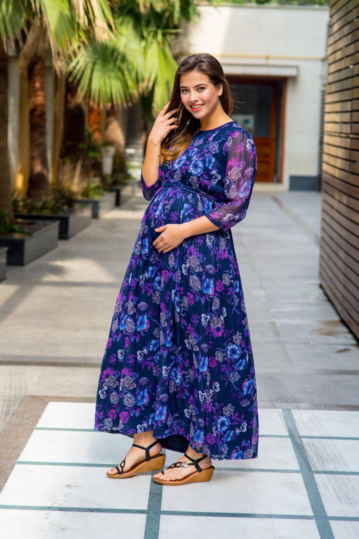 Luxe Chiffon Violet Floral Maternity & Nursing Dress momzjoy.com