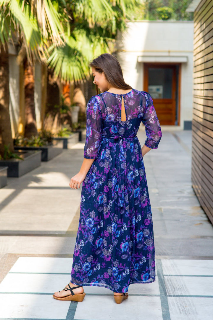 Luxe Chiffon Violet Floral Maternity & Nursing Dress momzjoy.com