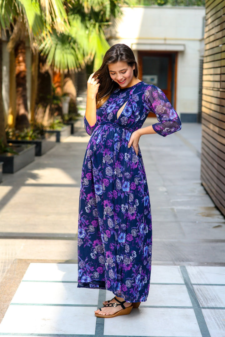 Luxe Chiffon Violet Floral Maternity & Nursing Dress momzjoy.com