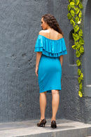 Iris Blue Lycra Off-Shoulder Maternity Knee Dress momzjoy.com