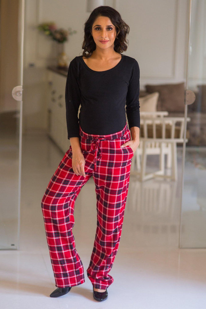 Red Plaid Maternity Cotton Lounge Pants - MOMZJOY.COM