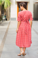 Persian Red Check Cotton Maternity and Nursing Dress MOMZJOY.COM