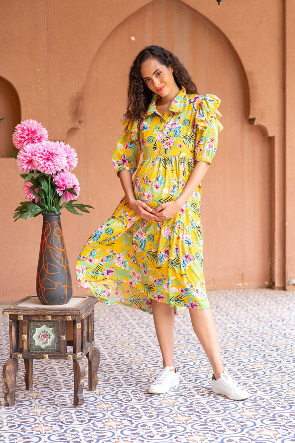 Miami Dancing Floral Maternity & Nursing Frill Dress MOMZJOY.COM