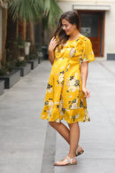 Sunrise Yellow Frill Maternity & Nursing Dress MOMZJOY.COM