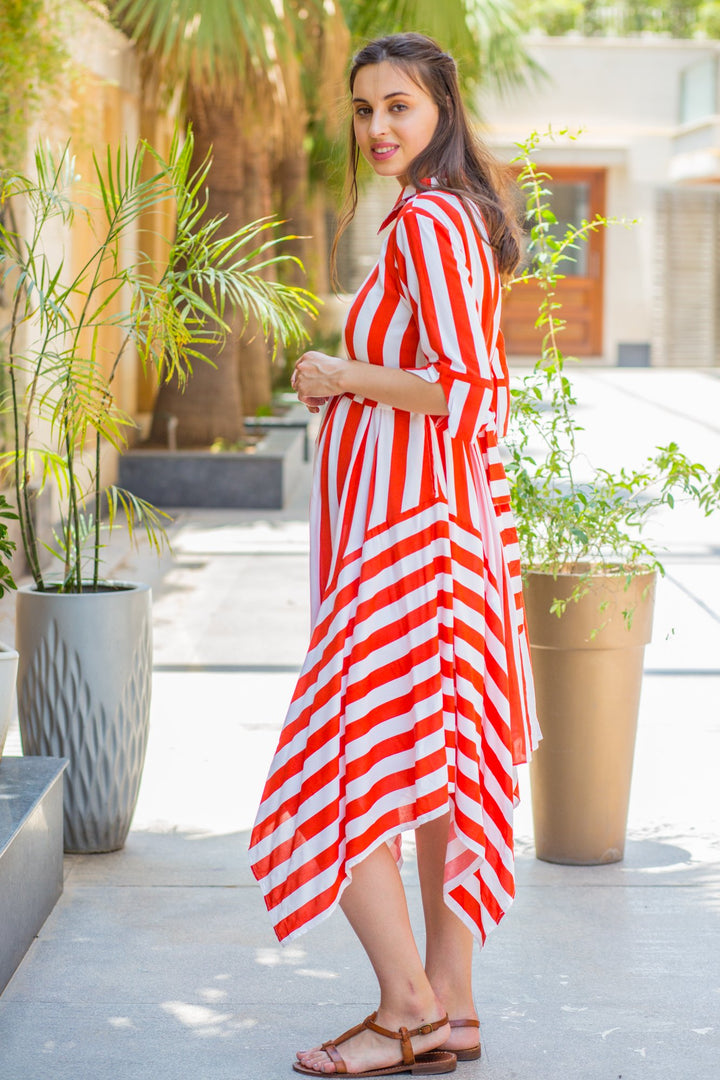 Candy Red Striped Maternity & Nursing Assymetrical Dress momzjoy.com