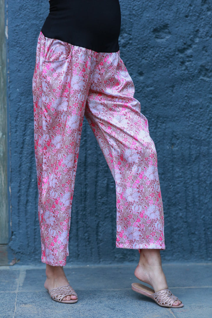 Premium Serene Rose Pink Satin Over The Bump Palazzo Pants MOMZJOY.COM