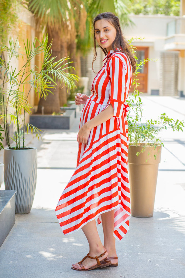 Candy Red Striped Maternity & Nursing Assymetrical Dress momzjoy.com