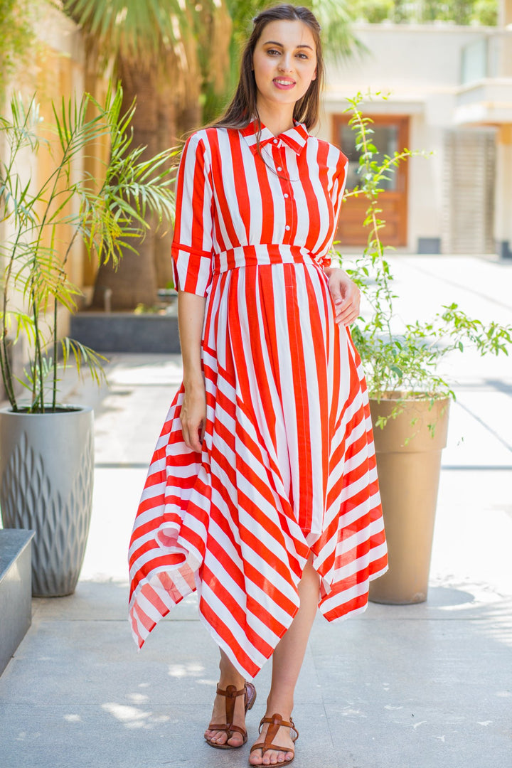 Candy Red Striped Maternity & Nursing Assymetrical Dress momzjoy.com