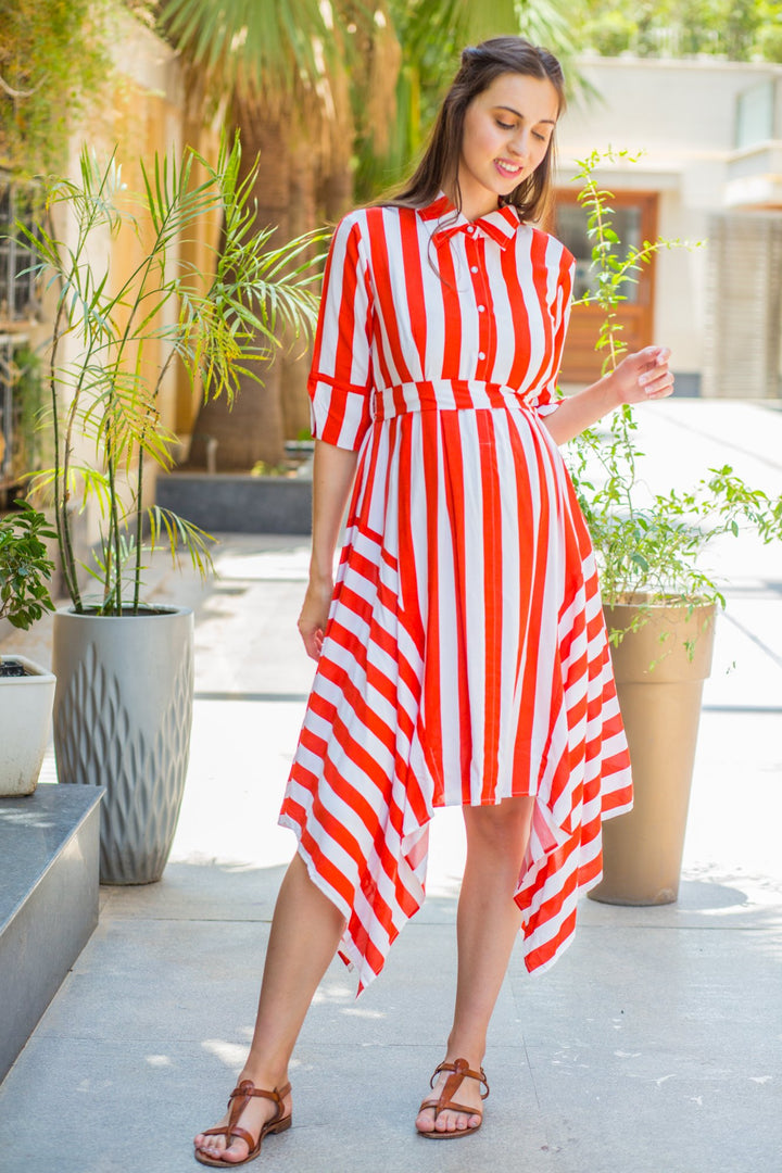 Candy Red Striped Maternity & Nursing Assymetrical Dress momzjoy.com