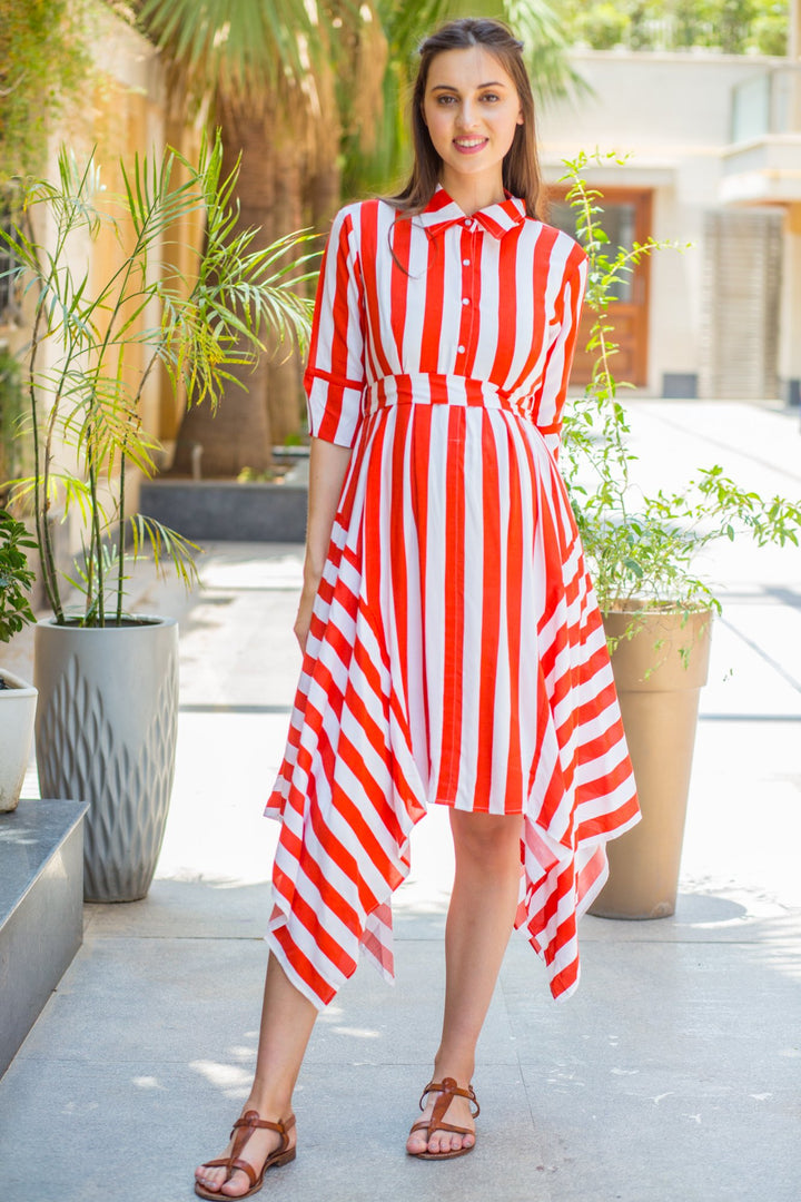 Candy Red Striped Maternity & Nursing Assymetrical Dress momzjoy.com