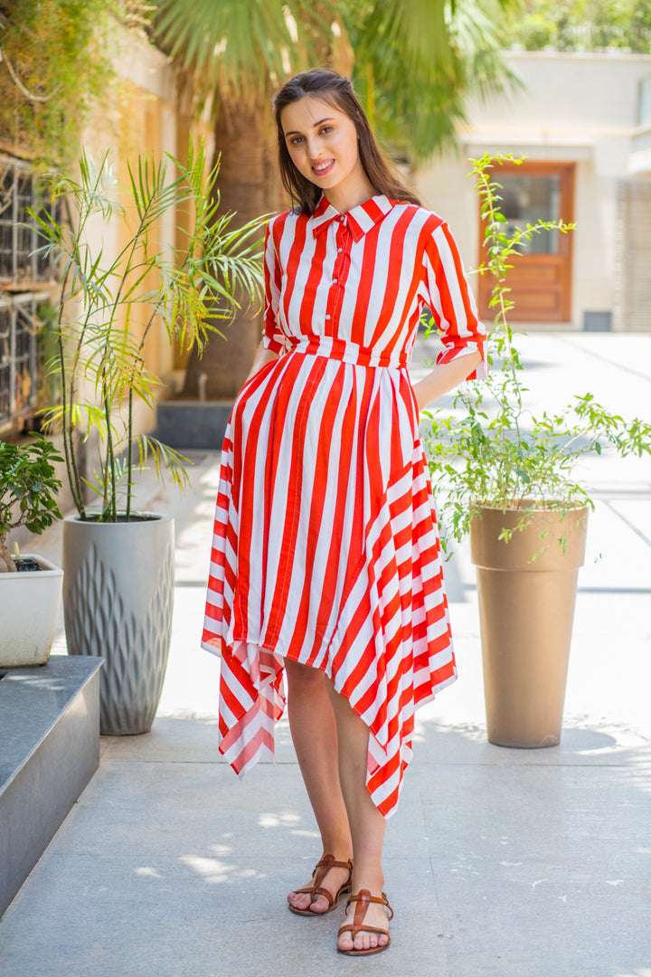 Candy Red Striped Maternity & Nursing Assymetrical Dress momzjoy.com