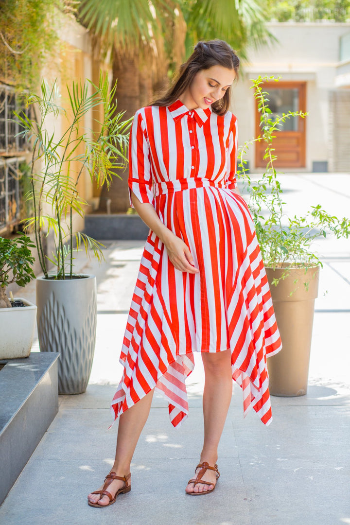 Candy Red Striped Maternity & Nursing Assymetrical Dress momzjoy.com