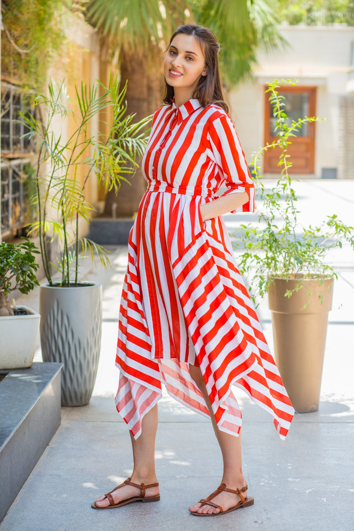 Candy Red Striped Maternity & Nursing Assymetrical Dress momzjoy.com