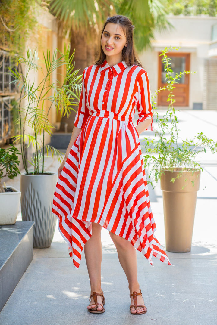 Candy Red Striped Maternity & Nursing Assymetrical Dress momzjoy.com