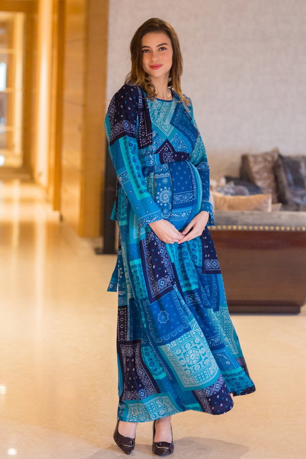 Indigo Pattern Maternity & Nursing Dress momzjoy.com