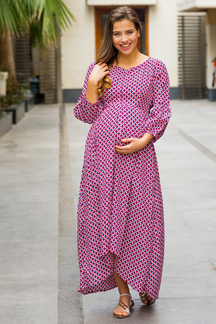 Classic Dual Red Front Bow High-Low Maternity & Nursing Dress - MOMZJOY.COM