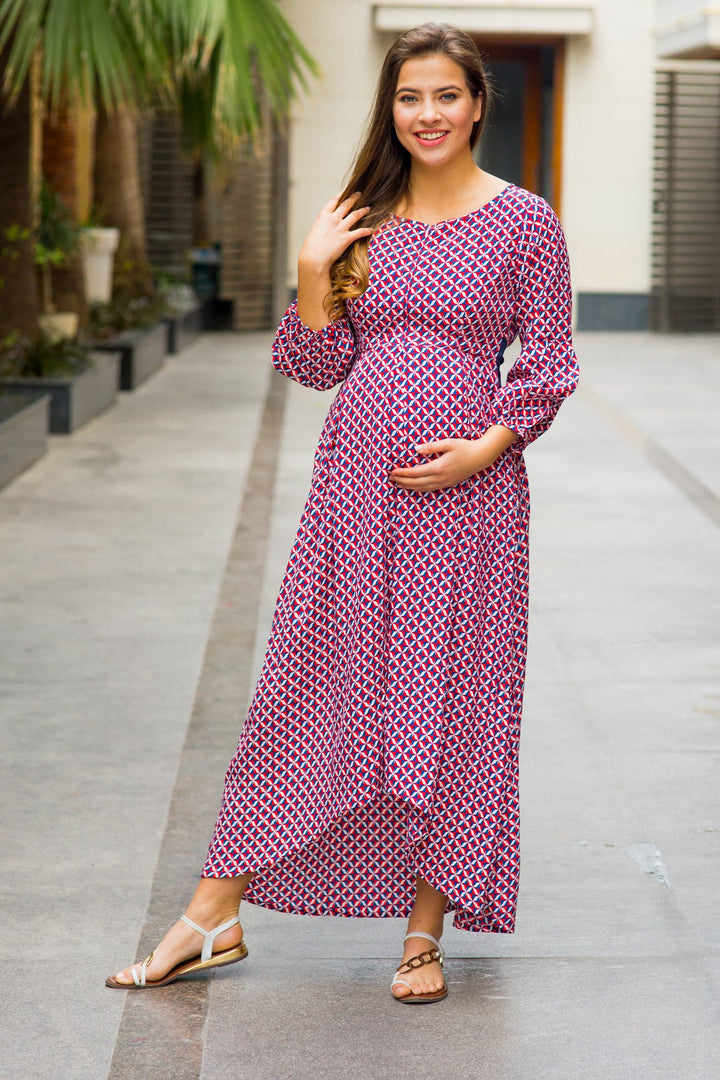 Classic Dual Red Front Bow High-Low Maternity & Nursing Dress - MOMZJOY.COM