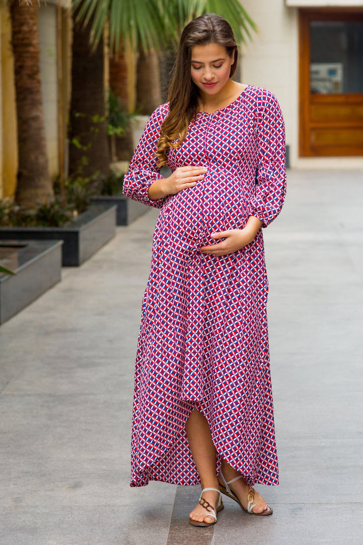 Classic Dual Red Front Bow High-Low Maternity & Nursing Dress - MOMZJOY.COM