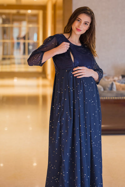 Starry Blue Silver Sequin Maternity & Nursing Dress momzjoy.com