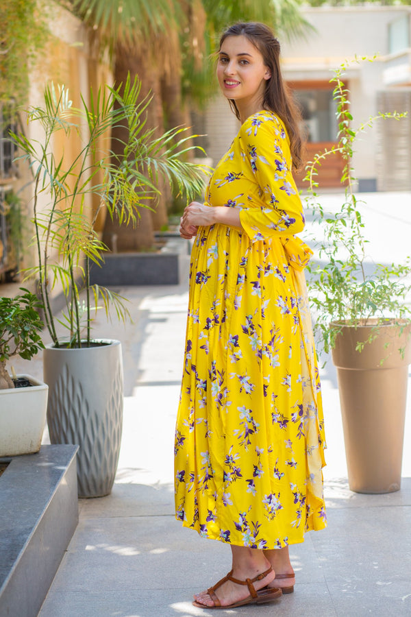 Cheery Yellow Floral Knot Maternity Midi Dress MOMZJOY.COM