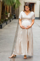 Elegant Pearl Split Hem Maternity & Nursing Dress - MOMZJOY.COM