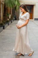 Elegant Pearl Split Hem Maternity & Nursing Dress - MOMZJOY.COM