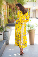 Cheery Yellow Floral Knot Maternity Midi Dress MOMZJOY.COM