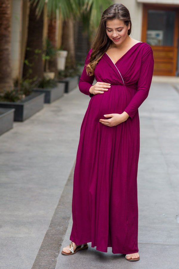 Maroon Berry Ruched Maternity & Nursing Maxi momzjoy.com