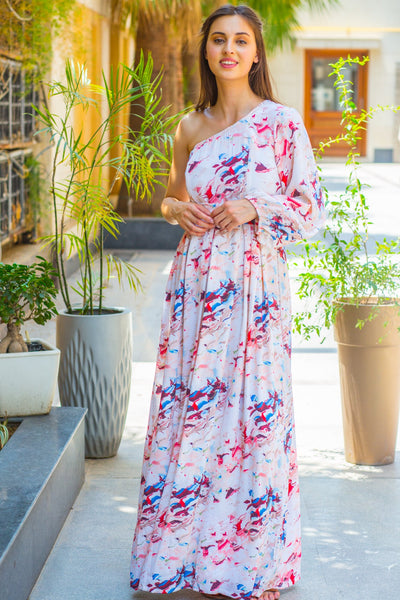 Color Splash Side Shoulder Maternity & Nursing Maxi Dress - MOMZJOY.COM
