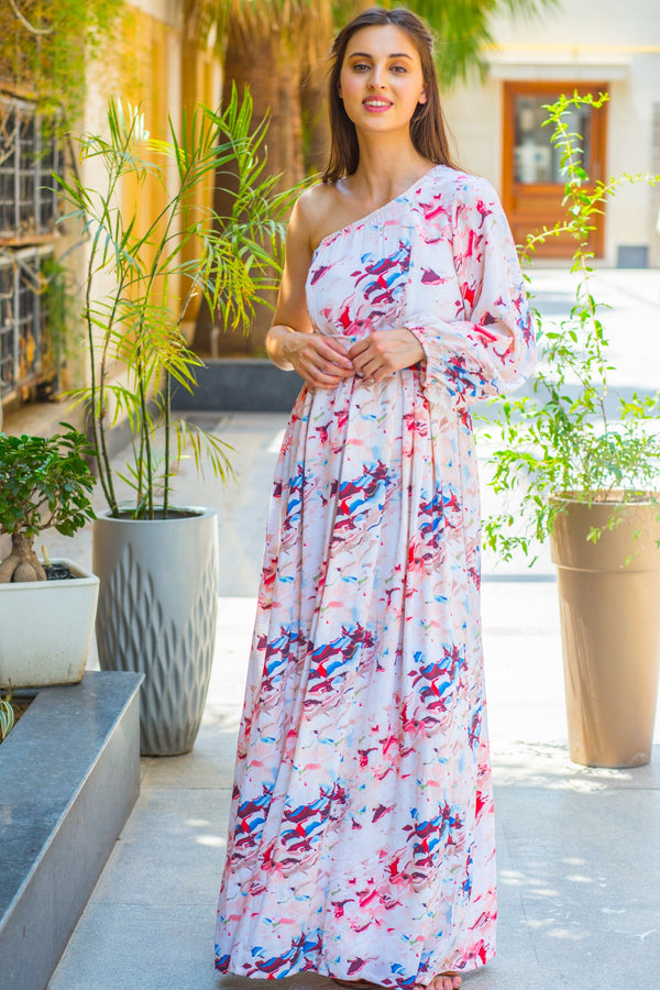 Color Splash Side Shoulder Maternity & Nursing Maxi Dress - MOMZJOY.COM