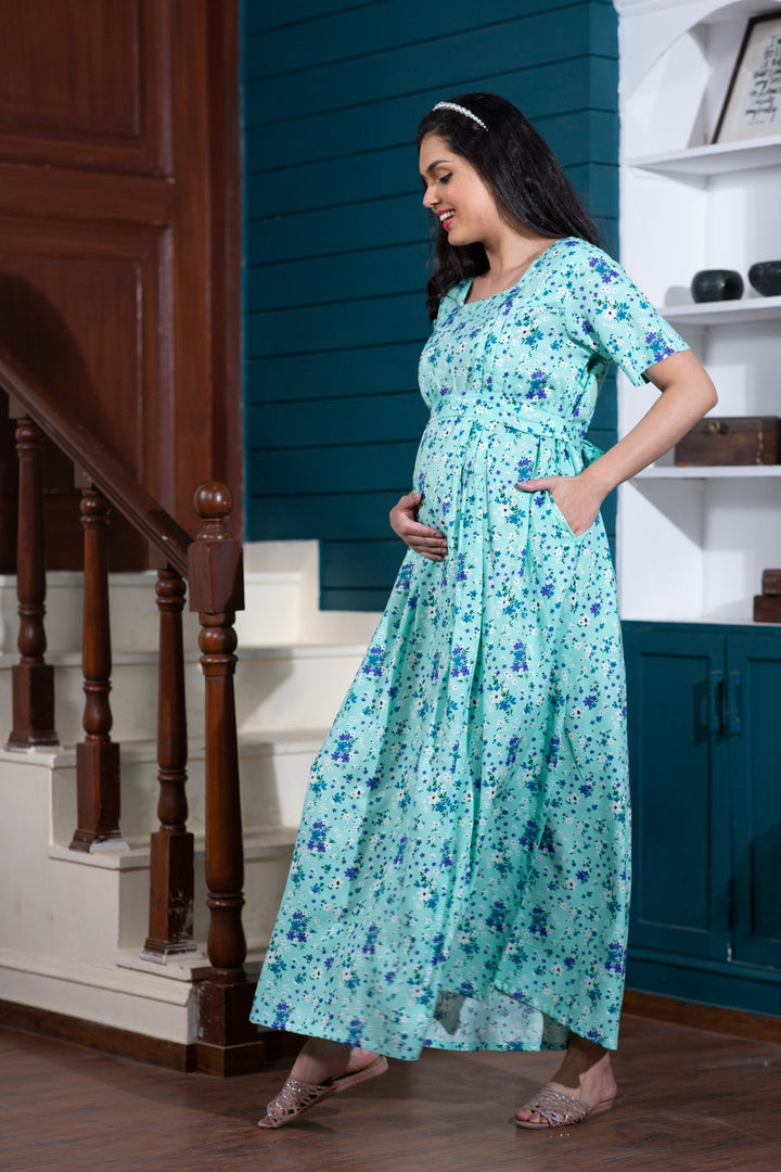 Blossom Mint Maternity & Nursing Night Dress + Matching Swaddle Set Of 2 momzjoy.com