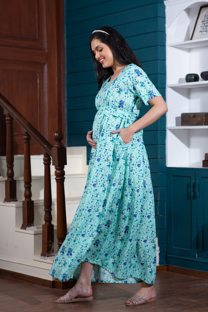 Blossom Mint Maternity & Nursing Night Dress + Matching Swaddle Set Of 2 momzjoy.com