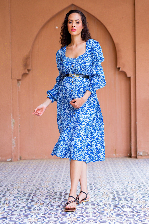Intricate Azure Maternity & Nursing Dress momzjoy.com