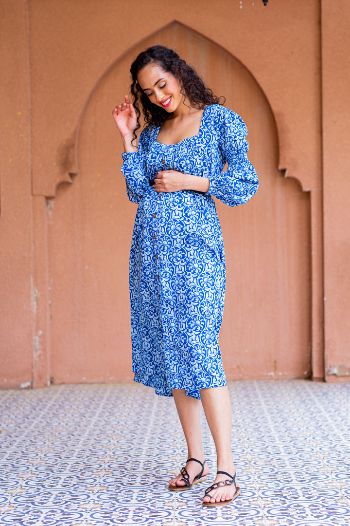 Intricate Azure Maternity & Nursing Dress momzjoy.com