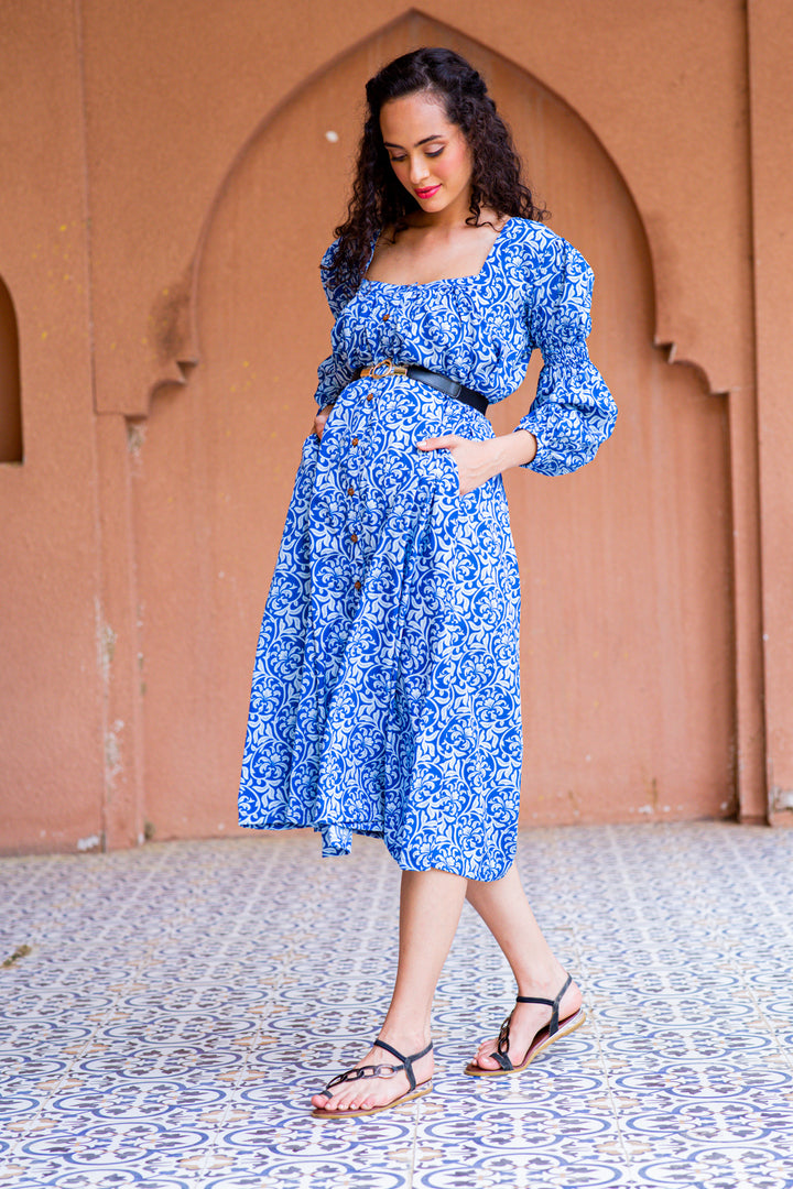 Intricate Azure Maternity & Nursing Dress momzjoy.com